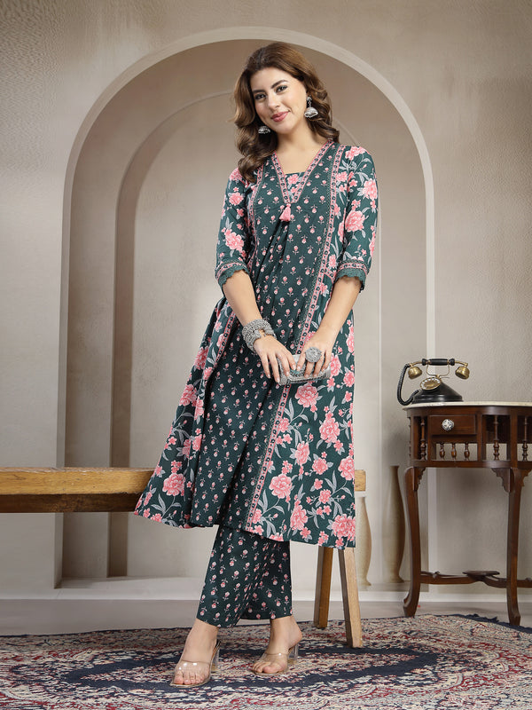 Kimayra Cotton Calf Length Printed 3/4 Sleeve V-Neck Flared Kurta Suit Set