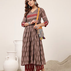 Kimayra Cotton Calf Length Printed 3/4 Sleeve V-Neck Flared Kurta Suit Set