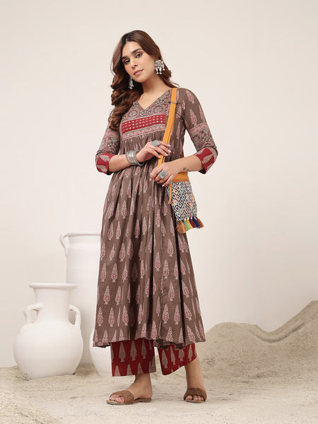 Kimayra Cotton Calf Length Printed 3/4 Sleeve V-Neck Flared Kurta Suit Set