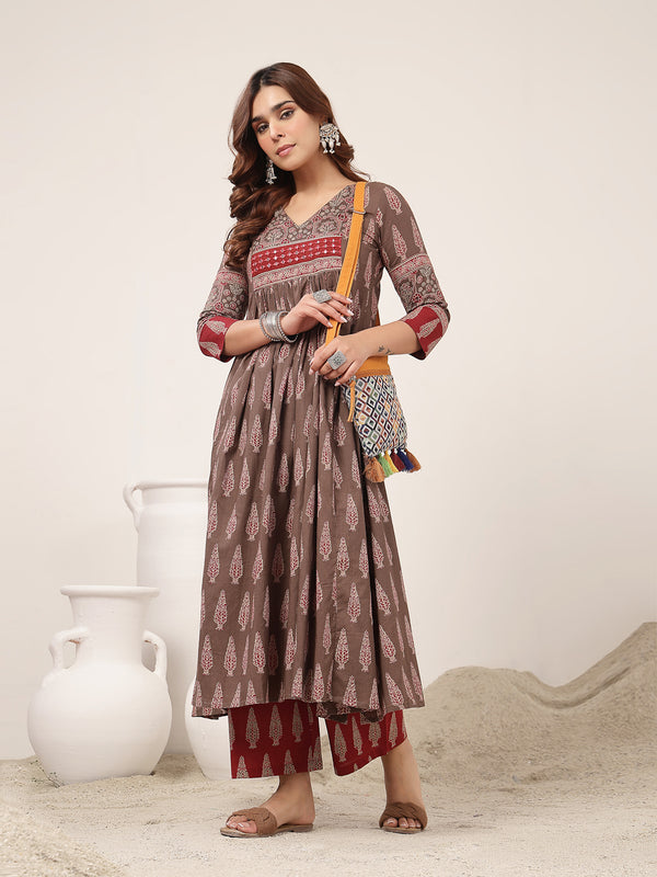 Kimayra Cotton Calf Length Printed 3/4 Sleeve V-Neck Flared Kurta Suit Set