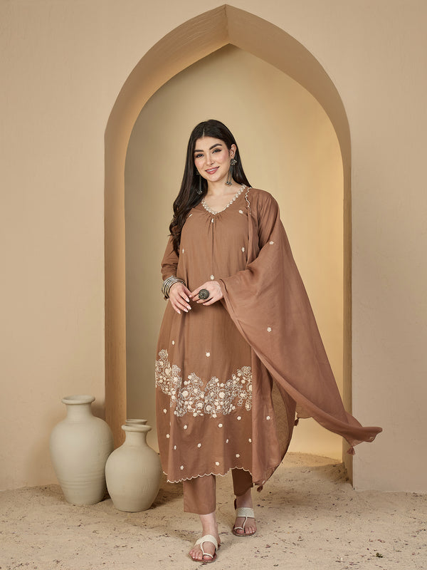 Kimayra Cotton Calf Length Solid 3/4 Sleeves V-Neck A-Line Kurta Suit Set