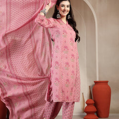 Kimayra Cotton Calf Length Printed 3/4 Sleeve Mandarin Collar Straight Kurta Suit Set