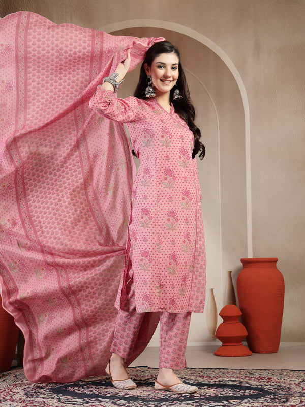 Kimayra Cotton Calf Length Printed 3/4 Sleeve Mandarin Collar Straight Kurta Suit Set