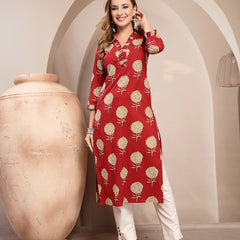 Kimayra Cotton Calf Length Printed 3/4 Sleeve V-Neck Straight Kurta
