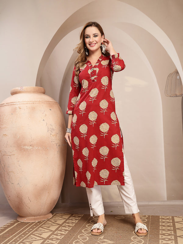 Kimayra Cotton Calf Length Printed 3/4 Sleeve V-Neck Straight Kurta