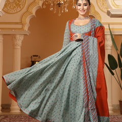 Kimayra Cotton Calf Length Printed Full Sleeves Round Neck Anarkali Kurta Suit Set