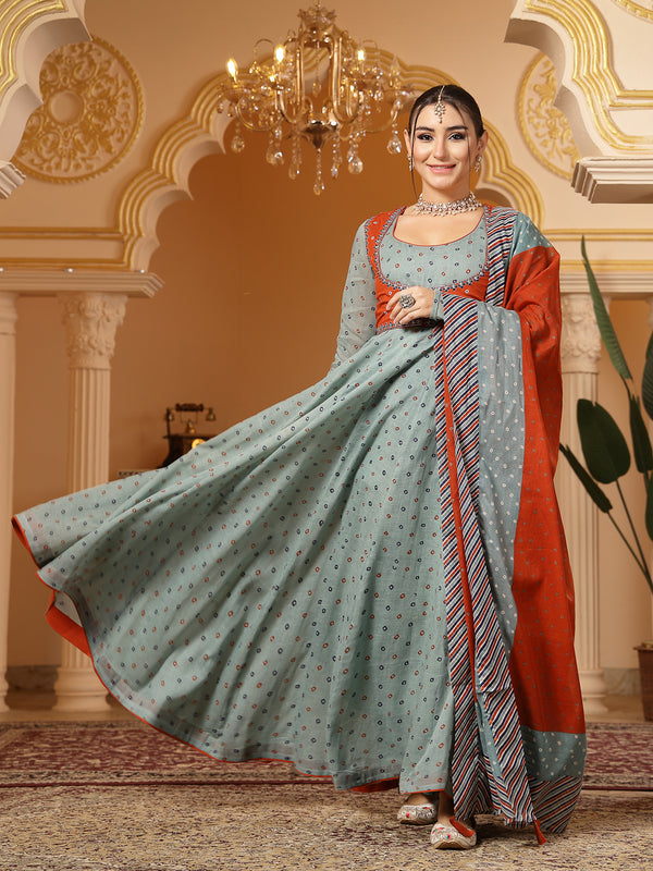 Kimayra Cotton Calf Length Printed Full Sleeves Round Neck Anarkali Kurta Suit Set
