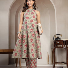 Kimayra Cotton Calf Length Printed Sleeveless Round Neck Flared Kurta Suit Set