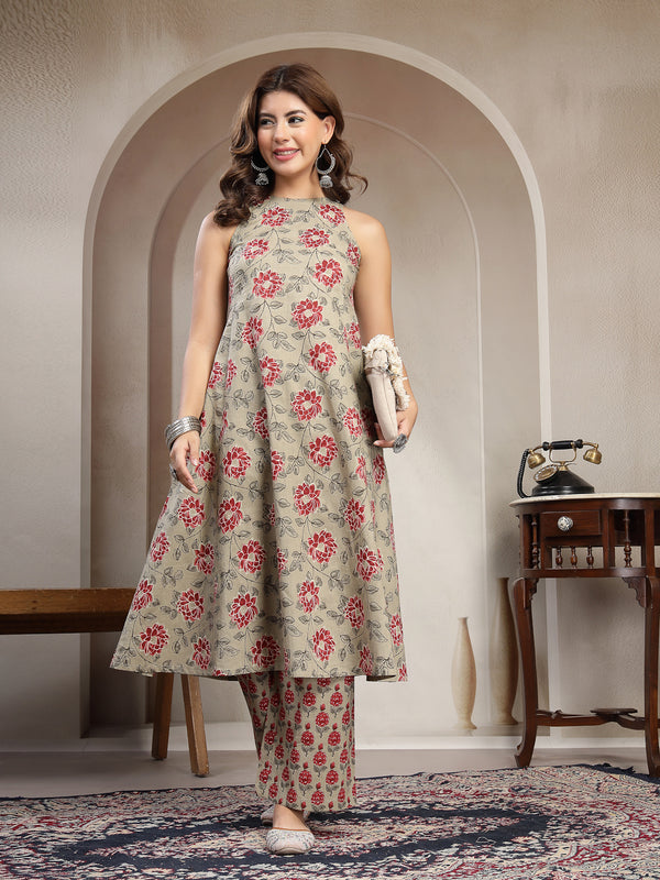 Kimayra Cotton Calf Length Printed Sleeveless Round Neck Flared Kurta Suit Set