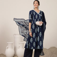 Kimayra Cotton Calf Length Printed 3/4 Sleeve V-Neck Flared Kurta Suit Set
