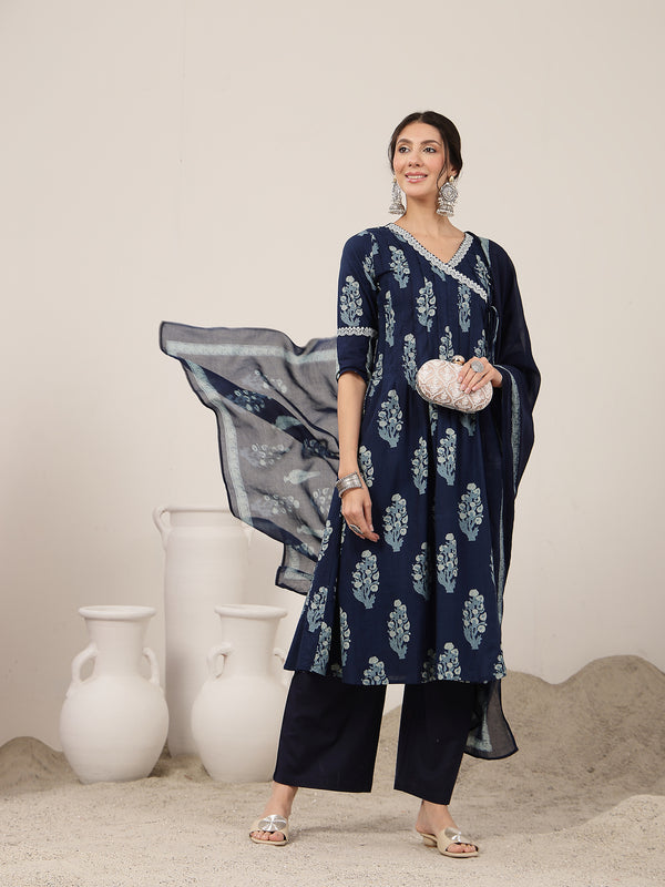 Kimayra Cotton Calf Length Printed 3/4 Sleeve V-Neck Flared Kurta Suit Set