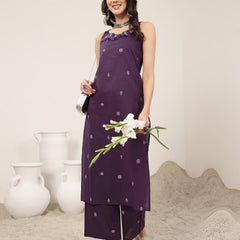 Kimayra Cotton Calf Length Solid Sleeveless Round Neck Straight Kurta Suit Set