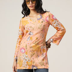 Kimayra Cotton Hip Length Printed Full Sleeve V-Neck Straight Top