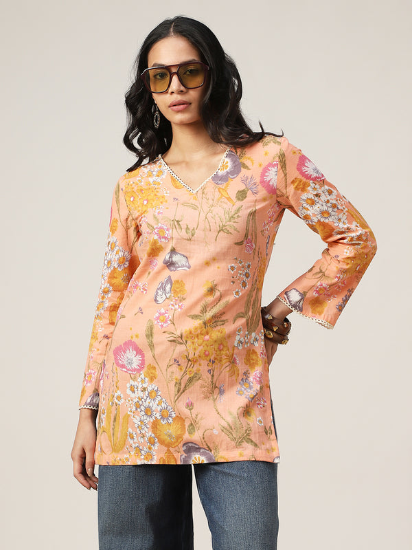 Kimayra Cotton Hip Length Printed Full Sleeve V-Neck Straight Top