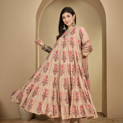 Kimayra Cotton Calf Length Printed 3/4 Sleeve Key Hole Neck Anarkali Kurta Suit Set