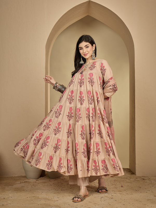 Kimayra Cotton Calf Length Printed 3/4 Sleeve Key Hole Neck Anarkali Kurta Suit Set