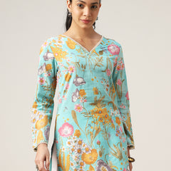 Kimayra Cotton Hip Length Printed Full Sleeve V-Neck Straight Top