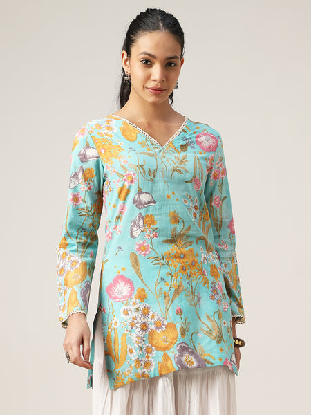 Kimayra Cotton Hip Length Printed Full Sleeve V-Neck Straight Top