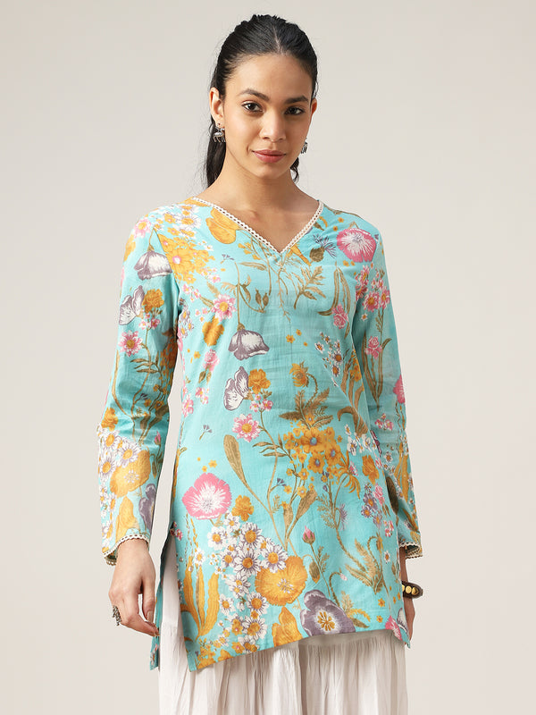 Kimayra Cotton Hip Length Printed Full Sleeve V-Neck Straight Top