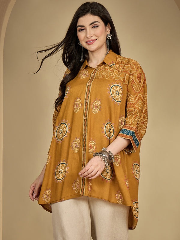 Kimayra Rayon Hip Length Printed 3/4 Sleeve Shirt Collar Flared Top