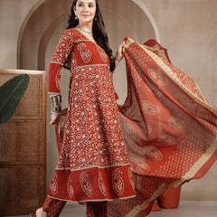 Kimayra Cotton Calf Length Printed 3/4 Sleeve V Neck Flared Kurta Suit Set