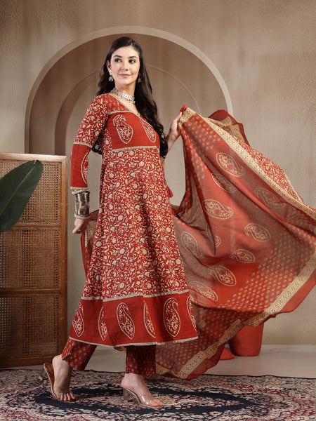 Kimayra Cotton Calf Length Printed 3/4 Sleeve V Neck Flared Kurta Suit Set
