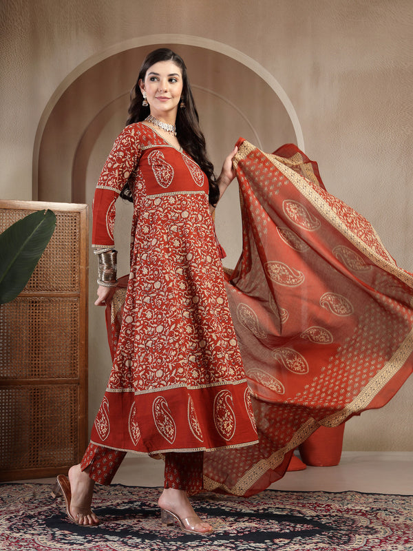 Kimayra Cotton Calf Length Printed 3/4 Sleeve V Neck Flared Kurta Suit Set