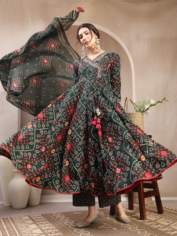 Kimayra Cotton Calf Length Printed 3/4 Sleeve Angrakha Flared Kurta Suit Set