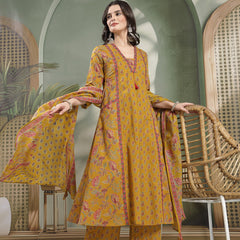 Kimayra Cotton Calf Length Printed 3/4 Sleeve V-Neck Flared Kurta Suit Set