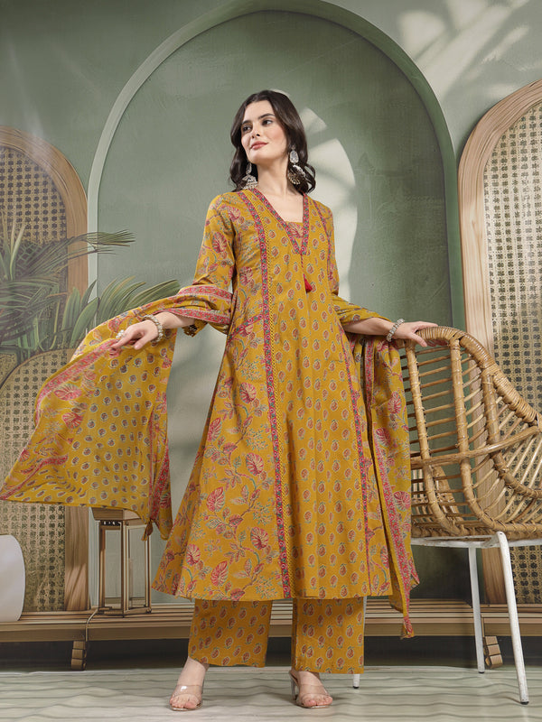 Kimayra Cotton Calf Length Printed 3/4 Sleeve V-Neck Flared Kurta Suit Set