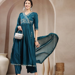 Kimayra Rayon Calf Length Solid 3/4 Sleeve Angrakha Flared Kurta Suit Set