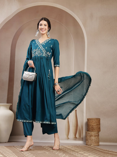 Kimayra Rayon Calf Length Solid 3/4 Sleeve Angrakha Flared Kurta Suit Set