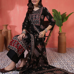 Kimayra Cotton Calf Length Printed 3/4 Sleeves Round Neck Straight Kurta Suit Set