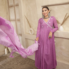 Kimayra Cotton Calf Length Printed 3/4 Sleeve V-Neck Flared Kurta Suit Set