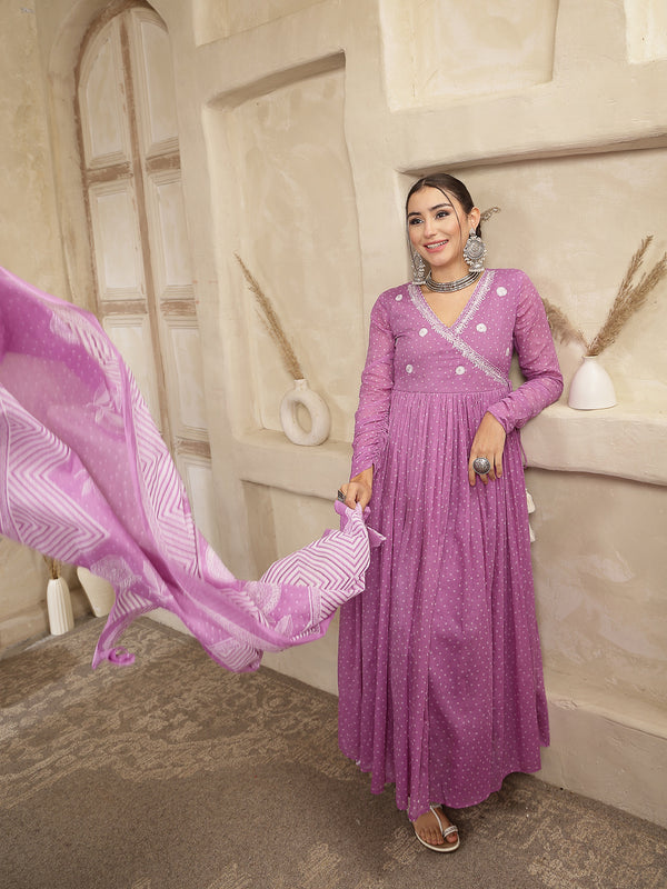 Kimayra Cotton Calf Length Printed 3/4 Sleeve V-Neck Flared Kurta Suit Set