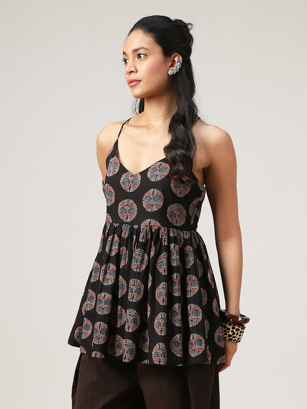 Kimayra Cotton Hip Length Printed Sleeveless V-Neck Flared Top