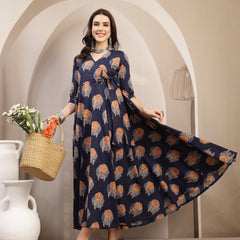 Kimayra Cotton Calf Length Printed 3/4 Sleeve V-Neck Flared Kurta