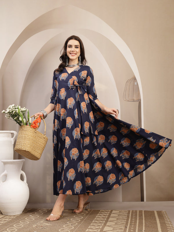 Kimayra Cotton Calf Length Printed 3/4 Sleeve V-Neck Flared Kurta