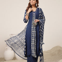 Kimayra Rayon Calf Length Printed 3/4 Sleeve V-Neck Straight Kurta Suit Set