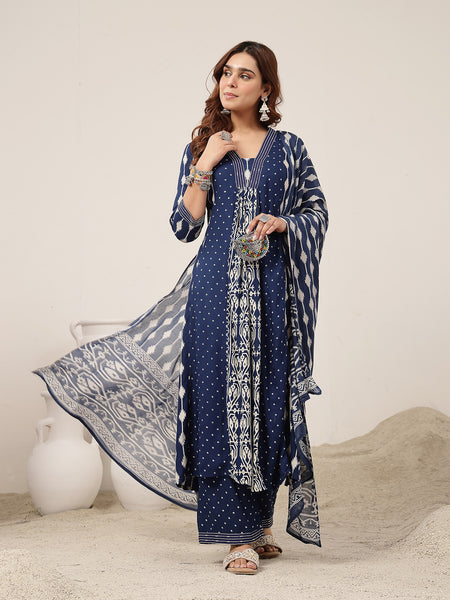 Kimayra Rayon Calf Length Printed 3/4 Sleeve V-Neck Straight Kurta Suit Set