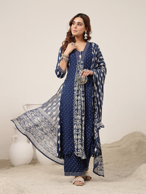 Kimayra Rayon Calf Length Printed 3/4 Sleeve V-Neck Straight Kurta Suit Set