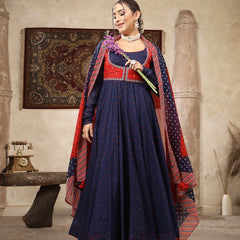 Kimayra Cotton Calf Length Printed Full Sleeves Round Neck Anarkali Kurta Suit Set