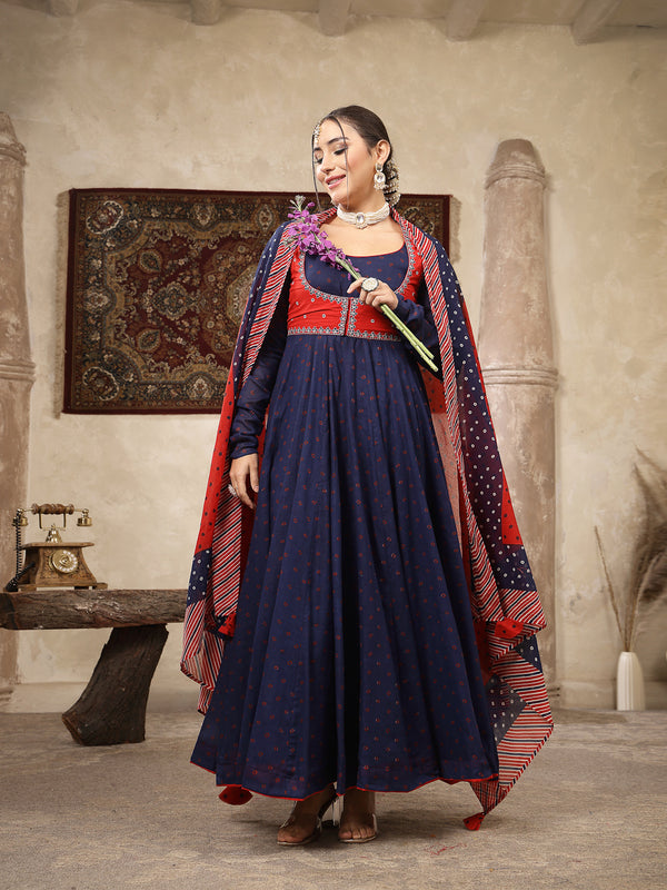 Kimayra Cotton Calf Length Printed Full Sleeves Round Neck Anarkali Kurta Suit Set