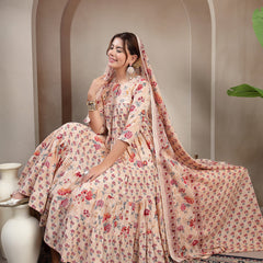 Kimayra Cotton Calf Length Printed 3/4 Sleeve Key Hole Neck Flared Kurta Suit Set