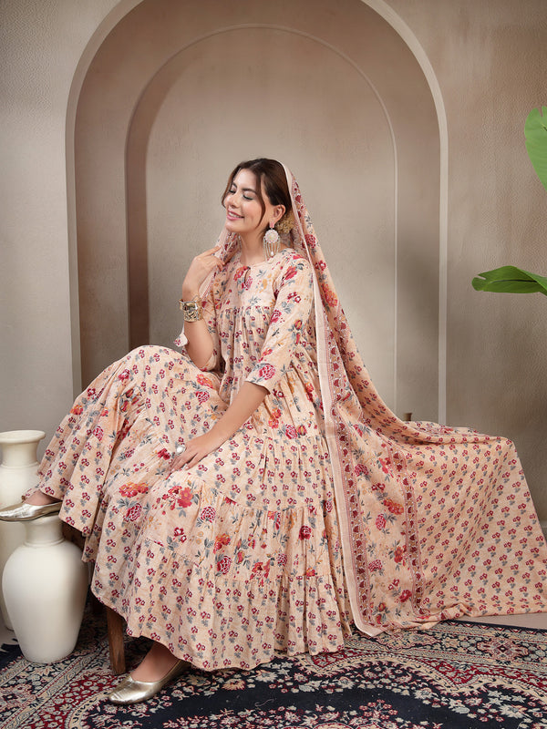 Kimayra Cotton Calf Length Printed 3/4 Sleeve Key Hole Neck Flared Kurta Suit Set