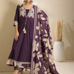 Kimayra Cotton Calf Length Printed 3/4 Sleeve V-Neck Anarkali Kurta Suit Set