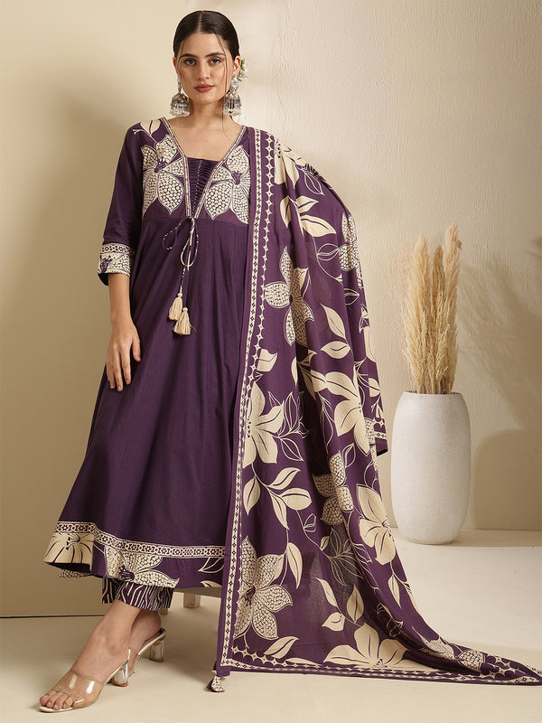 Kimayra Cotton Calf Length Printed 3/4 Sleeve V-Neck Anarkali Kurta Suit Set