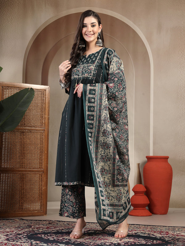 Kimayra Cotton Calf Length Solid 3/4 Sleeve Round Neck Straight Kurta Suit Set