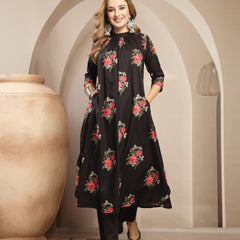 Kimayra Cotton Calf Length Printed 3/4 Sleeve Band Collar Flared Kurta Suit Set