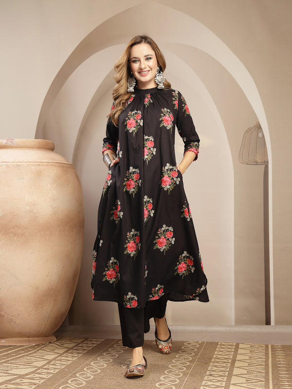 Kimayra Cotton Calf Length Printed 3/4 Sleeve Band Collar Flared Kurta Suit Set